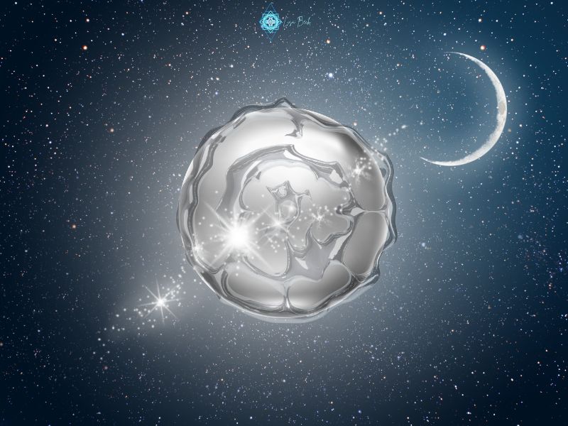 Sternenhimmel mit Mondsichel und silberner Kugel in der Mitte in flüssiger Erscheinungsform