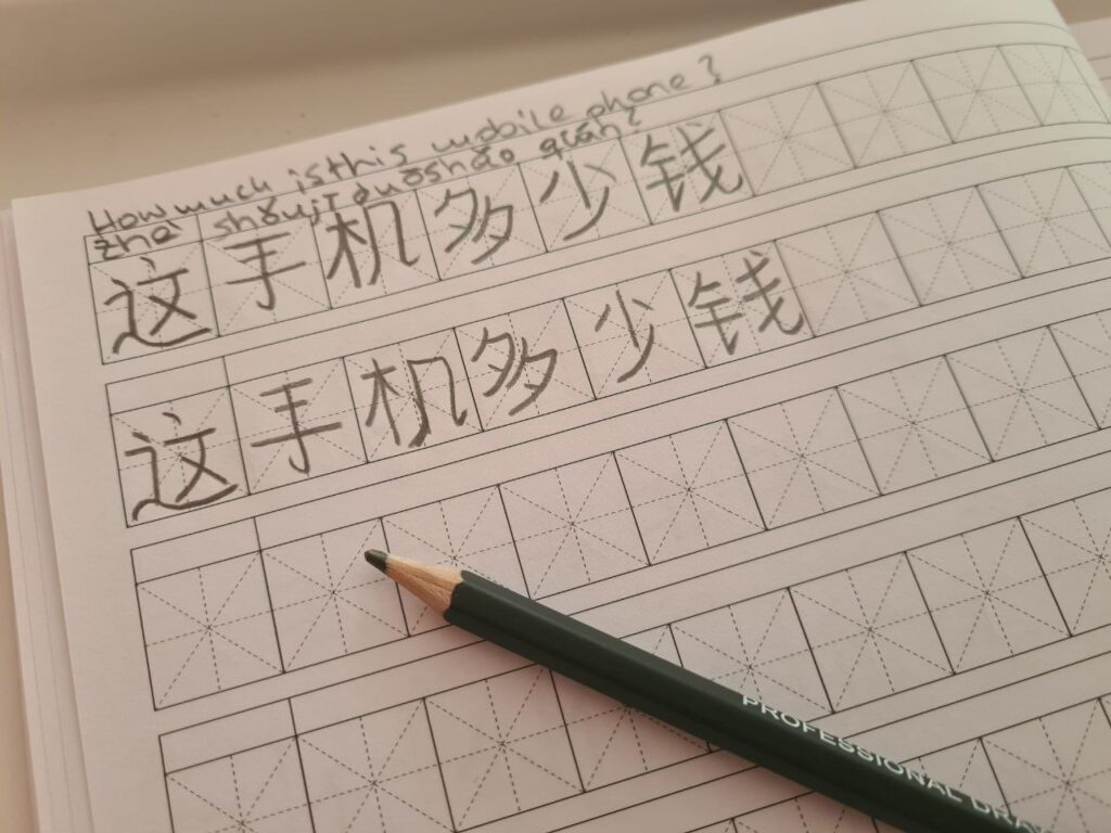 Chinesische Schriftzeichen und Pinyin mit Bleistift geschrieben